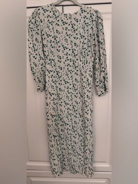 Uniqlo Cream Midi Dress with Green Floral Print